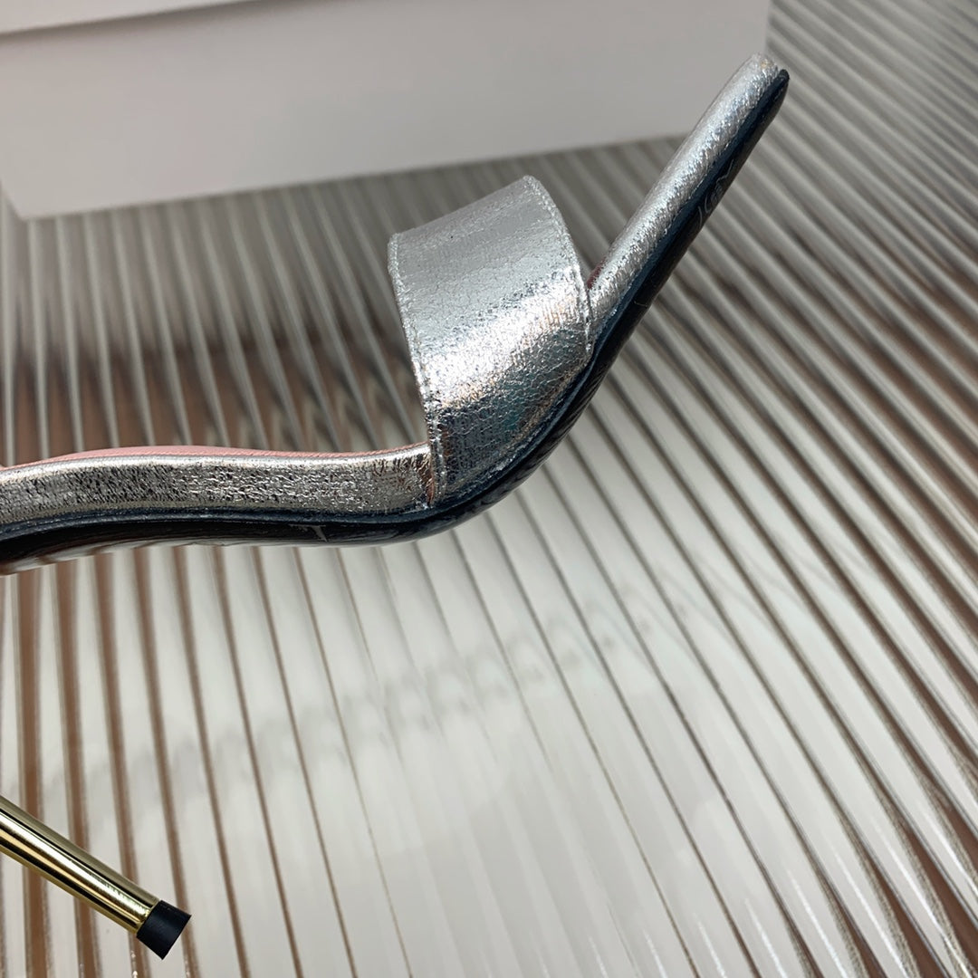 BALMAIN 25S B STRAP HIGH HEEL SANDALS 95MM IN SILVER CALFSKIN