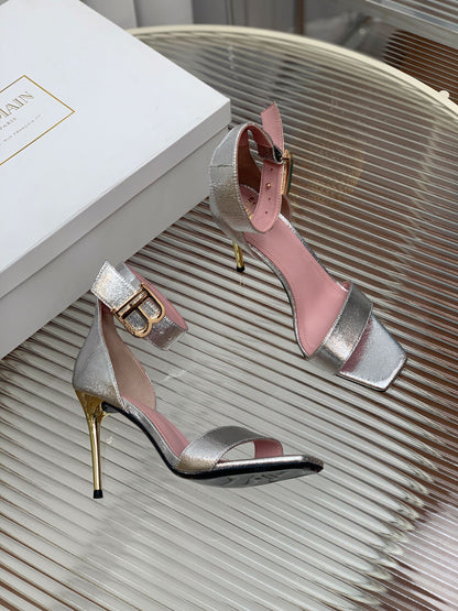 BALMAIN 25S B STRAP HIGH HEEL SANDALS 95MM IN SILVER CALFSKIN