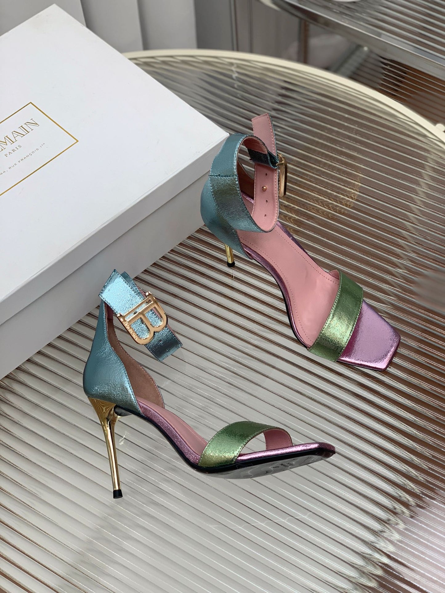 BALMAIN 25S B STRAP HIGH HEEL SANDALS 95MM IN MULTICOLOR CALFSKIN