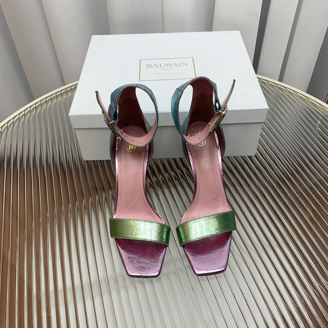 BALMAIN 25S B STRAP HIGH HEEL SANDALS 95MM IN MULTICOLOR CALFSKIN