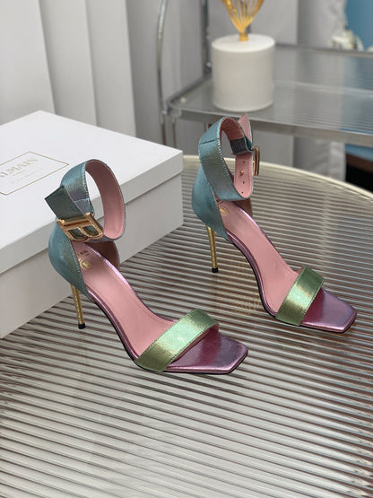 BALMAIN 25S B STRAP HIGH HEEL SANDALS 95MM IN MULTICOLOR CALFSKIN