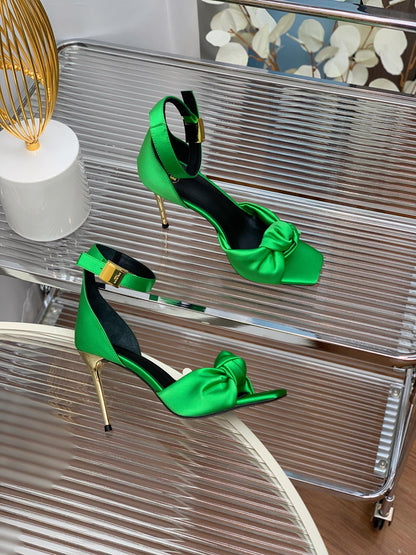 BALMAIN 25S KNOTTED HIGH HEELS 95MM IN KELLY GREEN SATIN