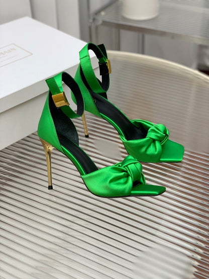 BALMAIN 25S KNOTTED HIGH HEELS 95MM IN KELLY GREEN SATIN