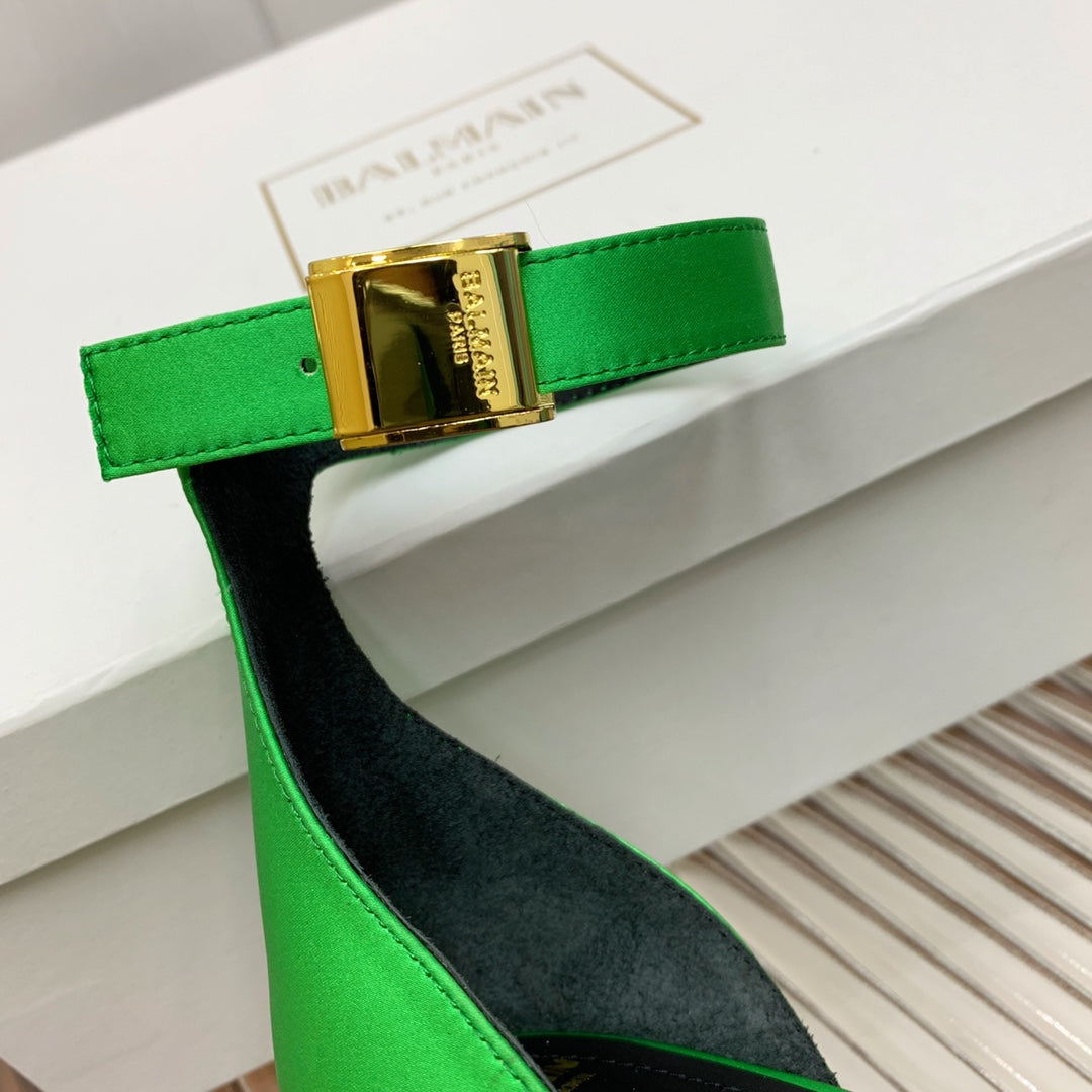 BALMAIN 25S KNOTTED HIGH HEELS 95MM IN KELLY GREEN SATIN