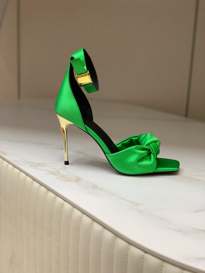 BALMAIN 25S KNOTTED HIGH HEELS 95MM IN KELLY GREEN SATIN