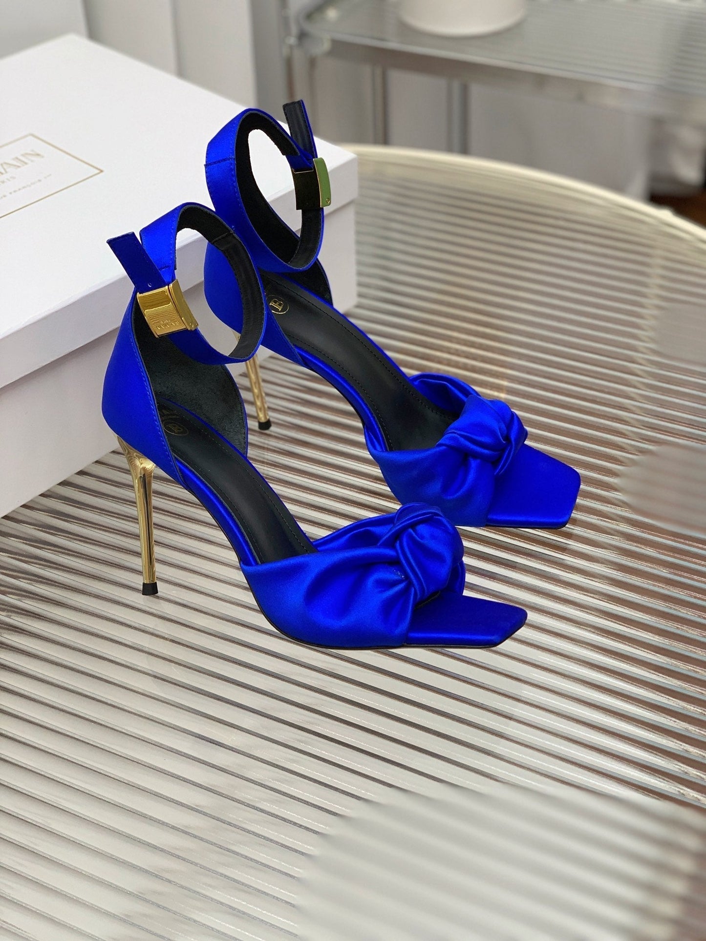 BALMAIN 25S KNOTTED HIGH HEELS 95MM IN DARK BLUE SATIN