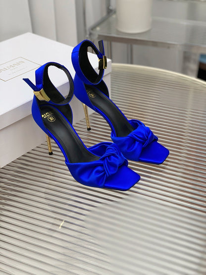 BALMAIN 25S KNOTTED HIGH HEELS 95MM IN DARK BLUE SATIN