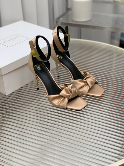 BALMAIN 25S KNOTTED HIGH HEELS 95MM IN LIGHT CARAMEL SATIN