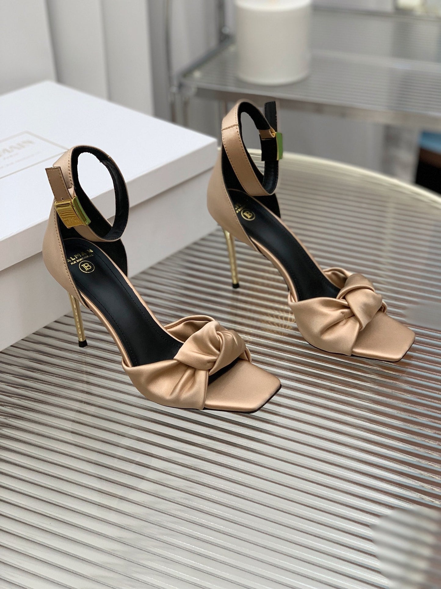 BALMAIN 25S KNOTTED HIGH HEELS 95MM IN LIGHT CARAMEL SATIN