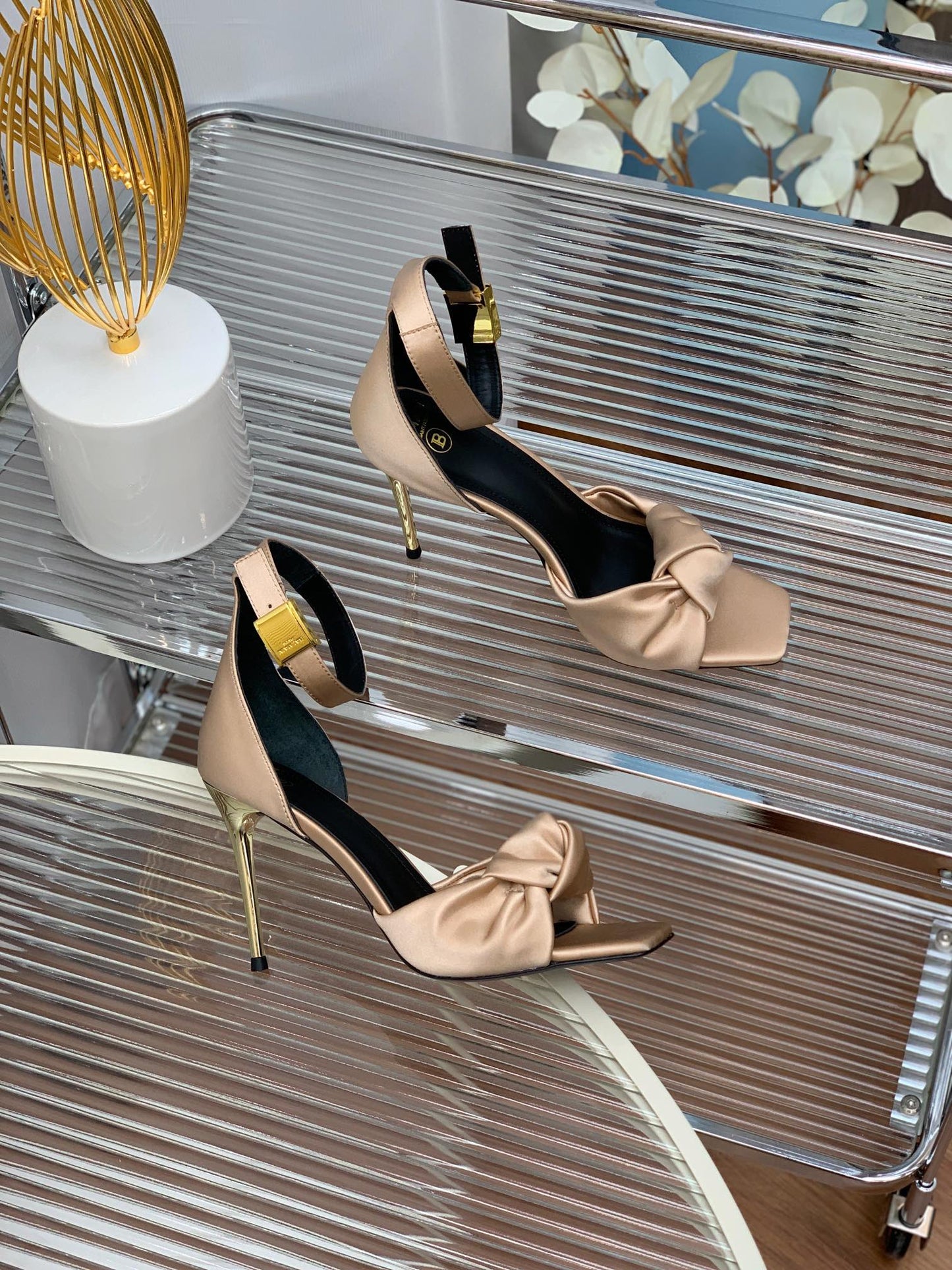 BALMAIN 25S KNOTTED HIGH HEELS 95MM IN LIGHT CARAMEL SATIN