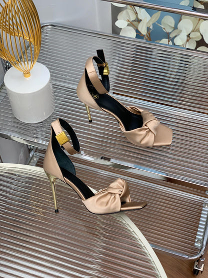 BALMAIN 25S KNOTTED HIGH HEELS 95MM IN LIGHT CARAMEL SATIN