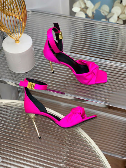 BALMAIN 25S KNOTTED HIGH HEELS 95MM IN NEON PINK SATIN