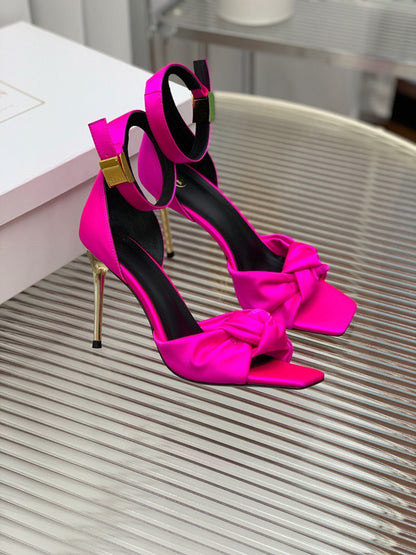 BALMAIN 25S KNOTTED HIGH HEELS 95MM IN NEON PINK SATIN
