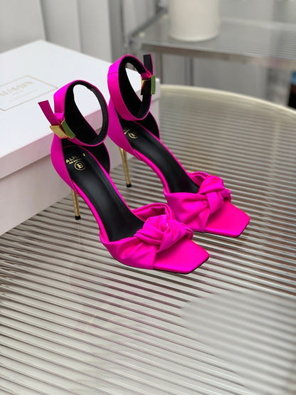 BALMAIN 25S KNOTTED HIGH HEELS 95MM IN NEON PINK SATIN