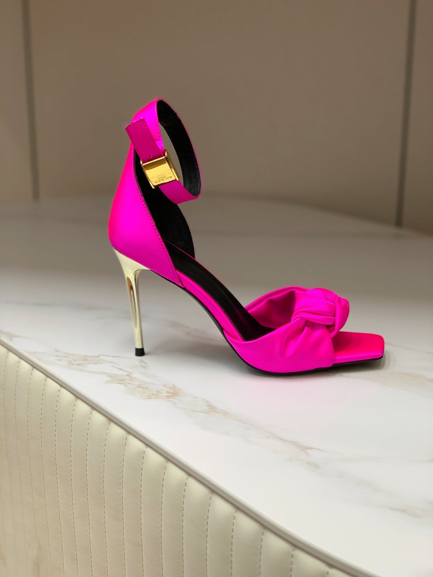 BALMAIN 25S KNOTTED HIGH HEELS 95MM IN NEON PINK SATIN