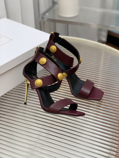 BALMAIN 25S CROSSOVER STRAP HIGH HEELS 95MM IN ROSEWOOD CALFSKIN