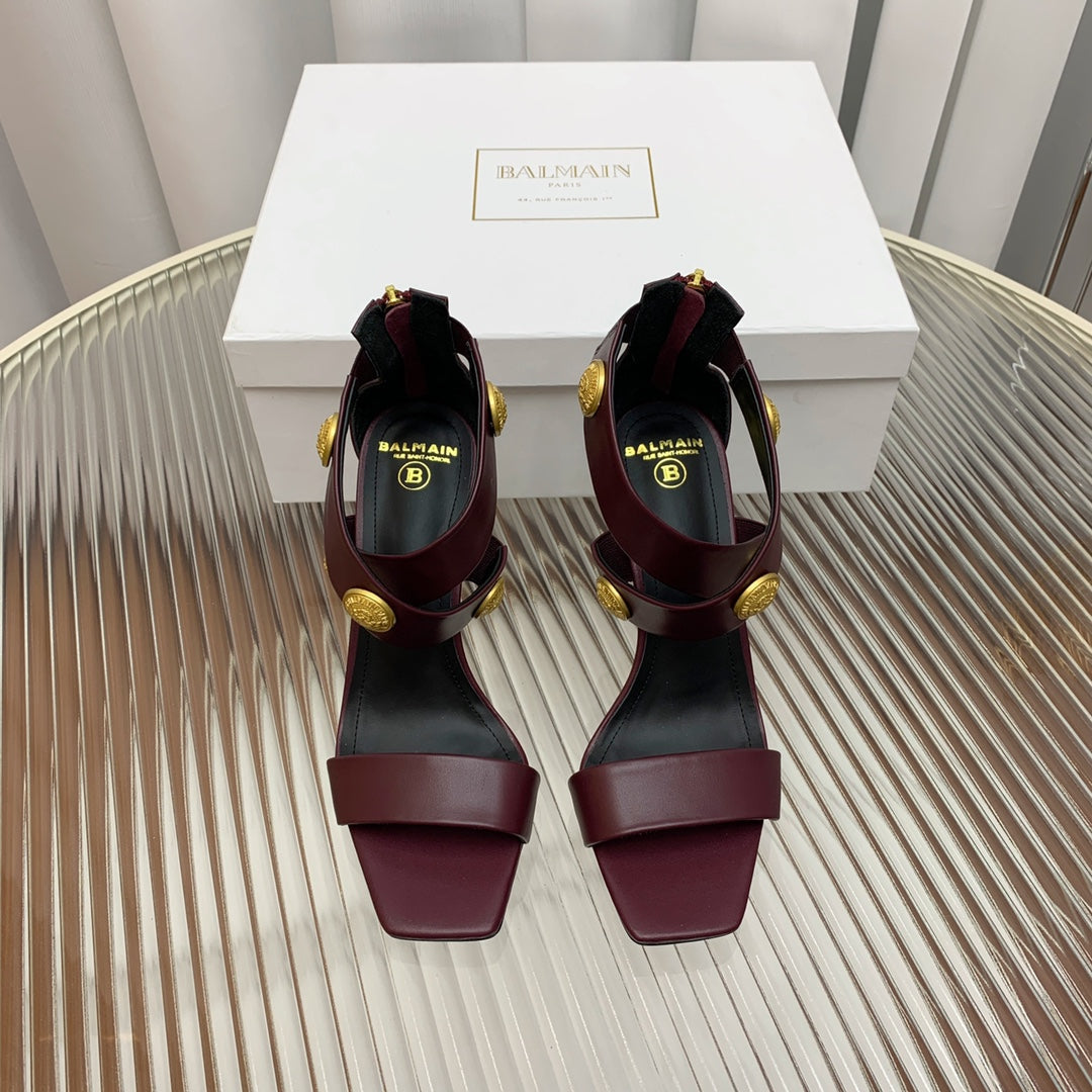 BALMAIN 25S CROSSOVER STRAP HIGH HEELS 95MM IN ROSEWOOD CALFSKIN