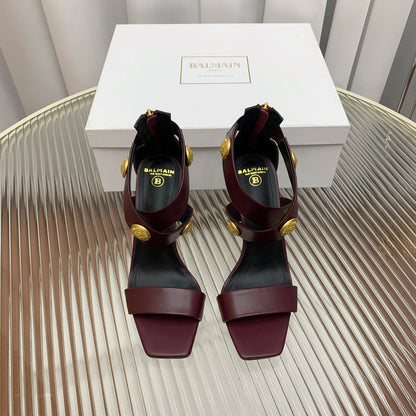 BALMAIN 25S CROSSOVER STRAP HIGH HEELS 95MM IN ROSEWOOD CALFSKIN