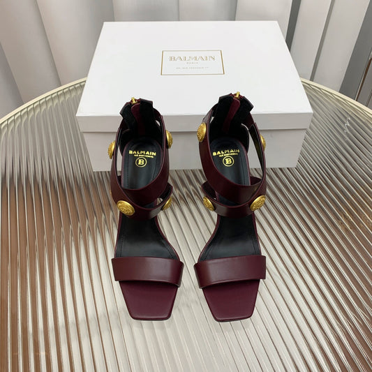 BALMAIN 25S CROSSOVER STRAP HIGH HEELS 95MM IN ROSEWOOD CALFSKIN