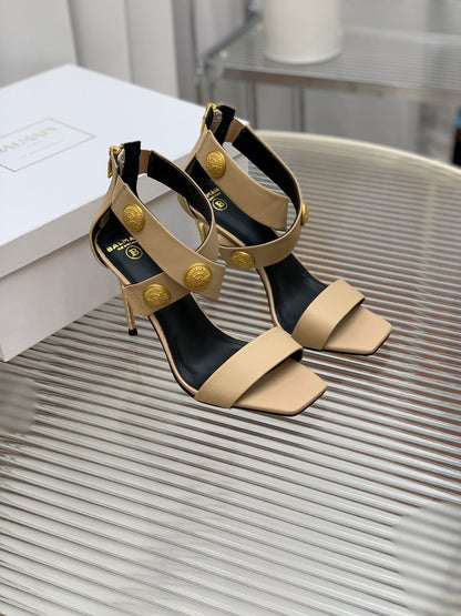 BALMAIN 25S CROSSOVER STRAP HIGH HEELS 95MM IN LIGHT BROWN CALFSKIN