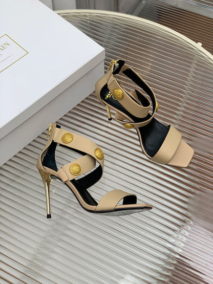 BALMAIN 25S CROSSOVER STRAP HIGH HEELS 95MM IN LIGHT BROWN CALFSKIN