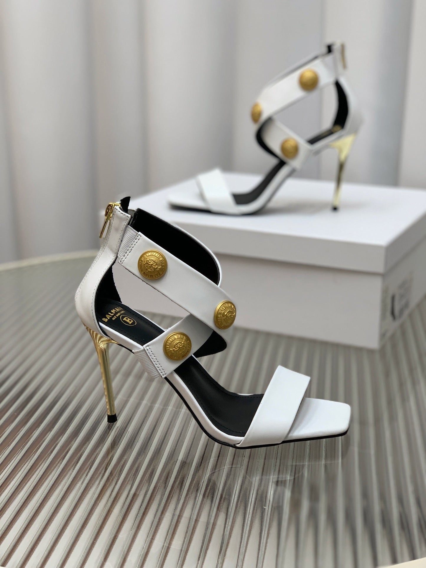 BALMAIN 25S CROSSOVER STRAP HIGH HEELS 95MM IN LIGHT GRAY CALFSKIN