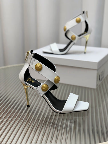 BALMAIN 25S CROSSOVER STRAP HIGH HEELS 95MM IN LIGHT GRAY CALFSKIN