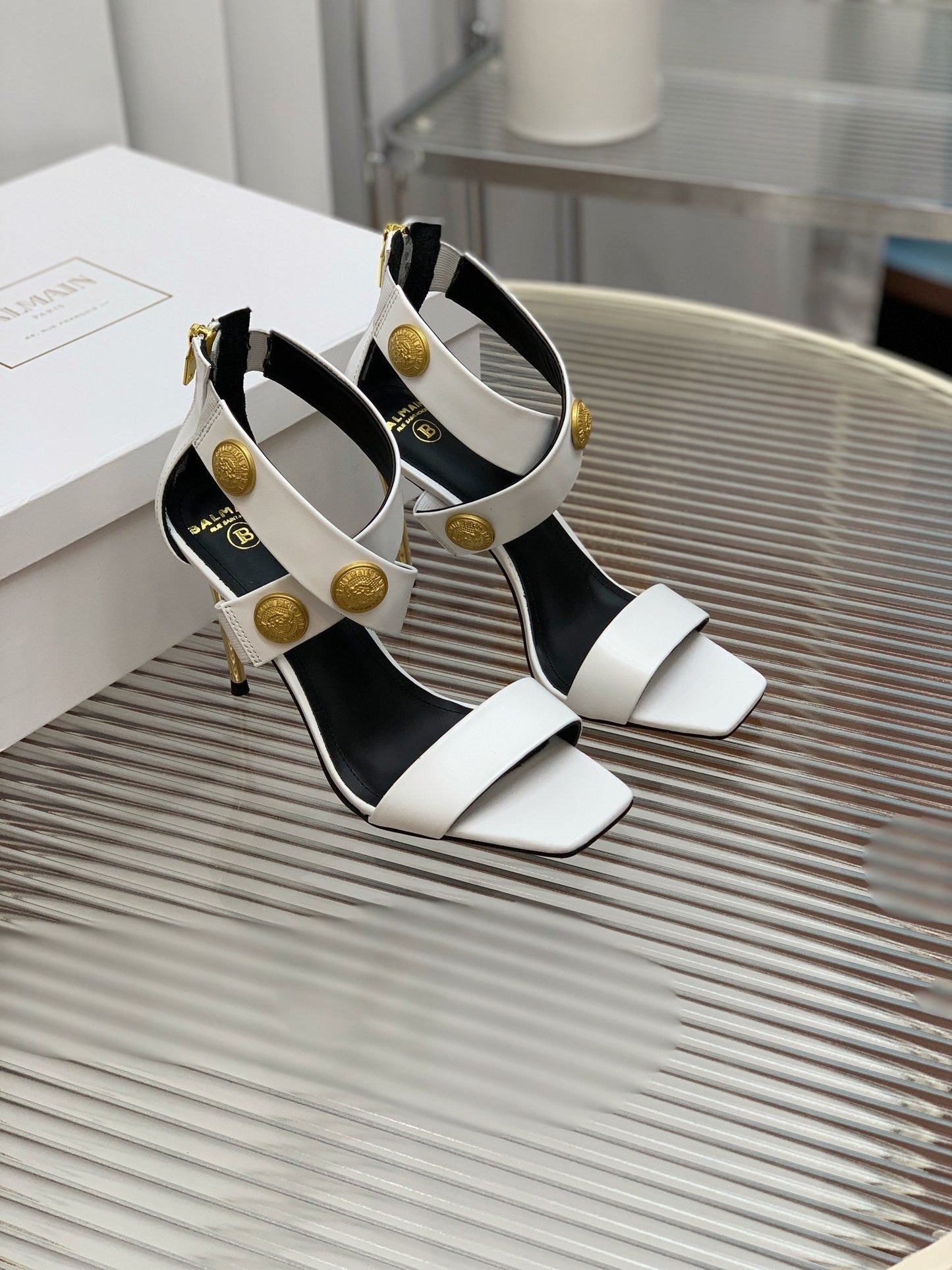 BALMAIN 25S CROSSOVER STRAP HIGH HEELS 95MM IN LIGHT GRAY CALFSKIN