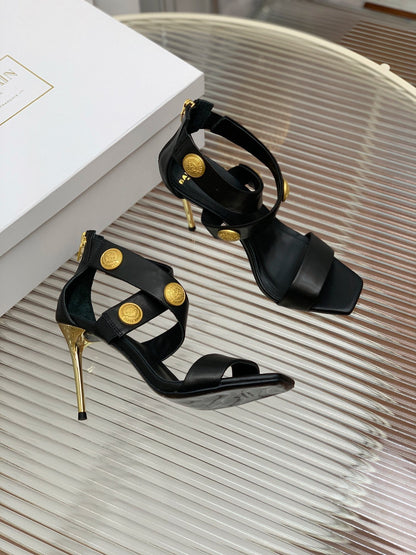 BALMAIN 25S CROSSOVER STRAP HIGH HEELS 95MM IN BLACK CALFSKIN