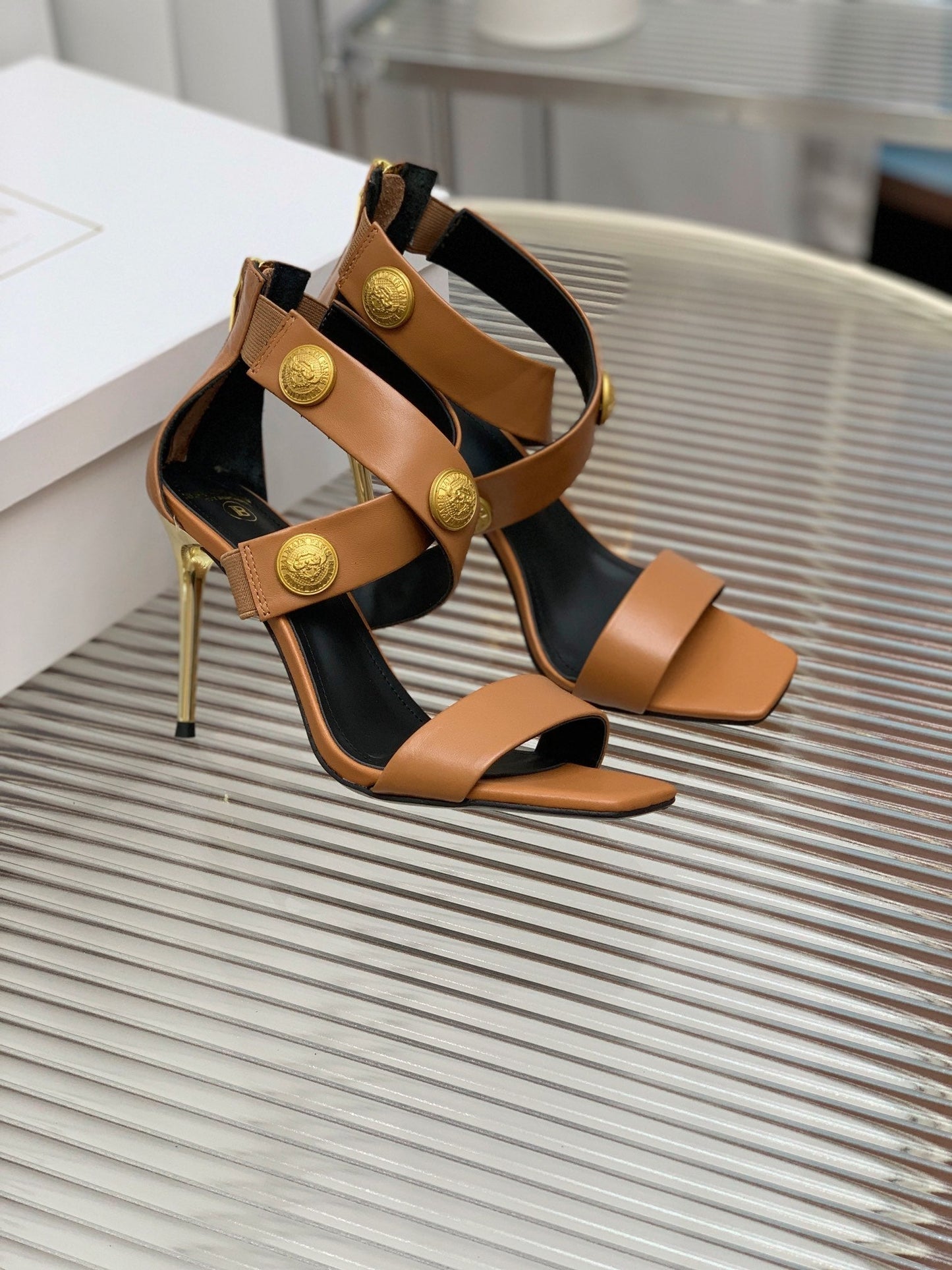 BALMAIN 25S CROSSOVER STRAP HIGH HEELS 95MM IN BROWN CALFSKIN