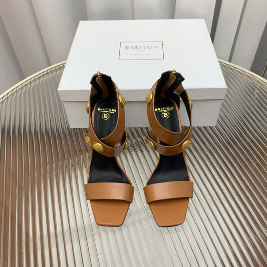 BALMAIN 25S CROSSOVER STRAP HIGH HEELS 95MM IN BROWN CALFSKIN