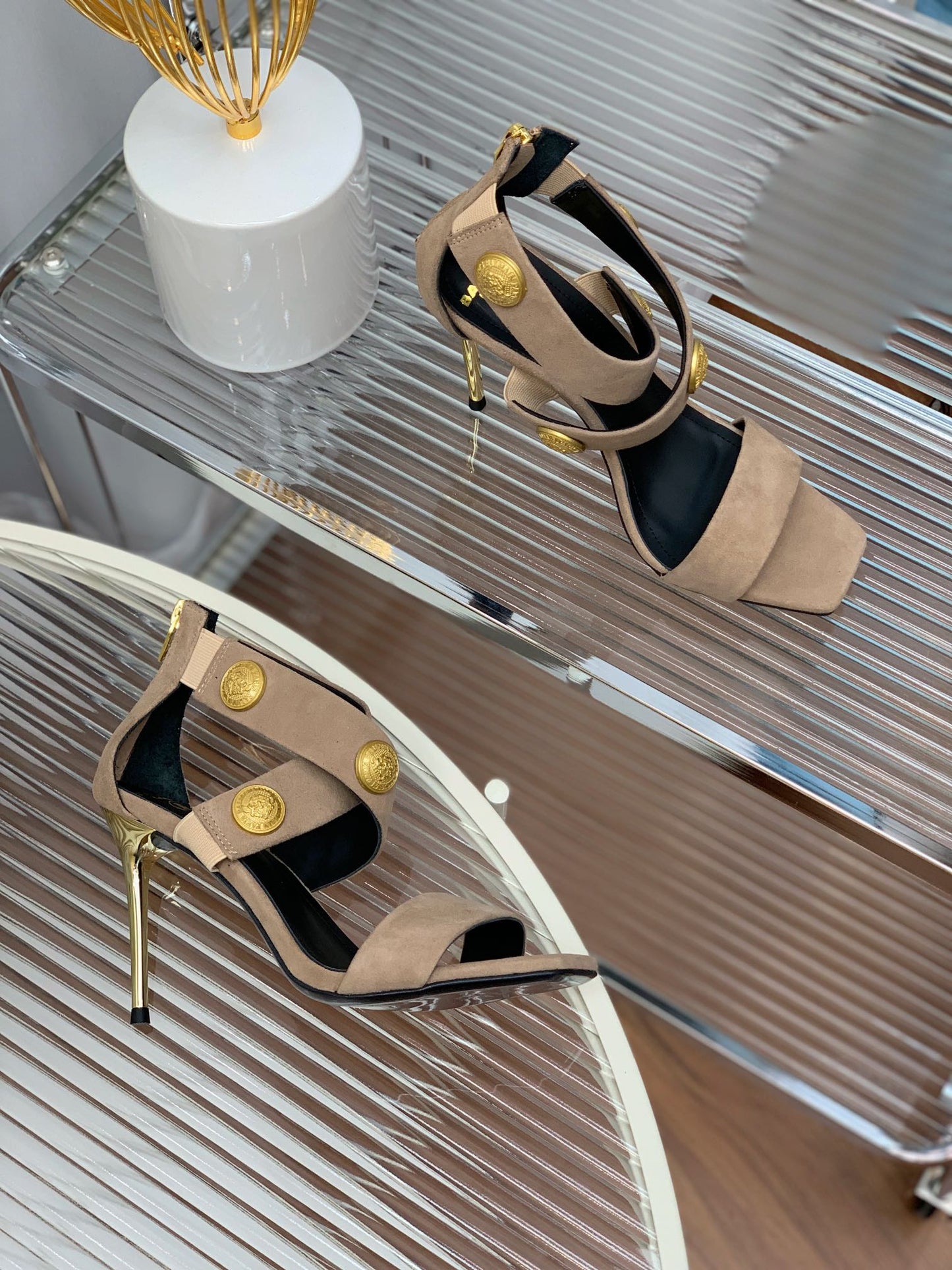 BALMAIN 25S CROSSOVER STRAP HIGH HEELS 95MM IN LIGHT BROWN SUEDE