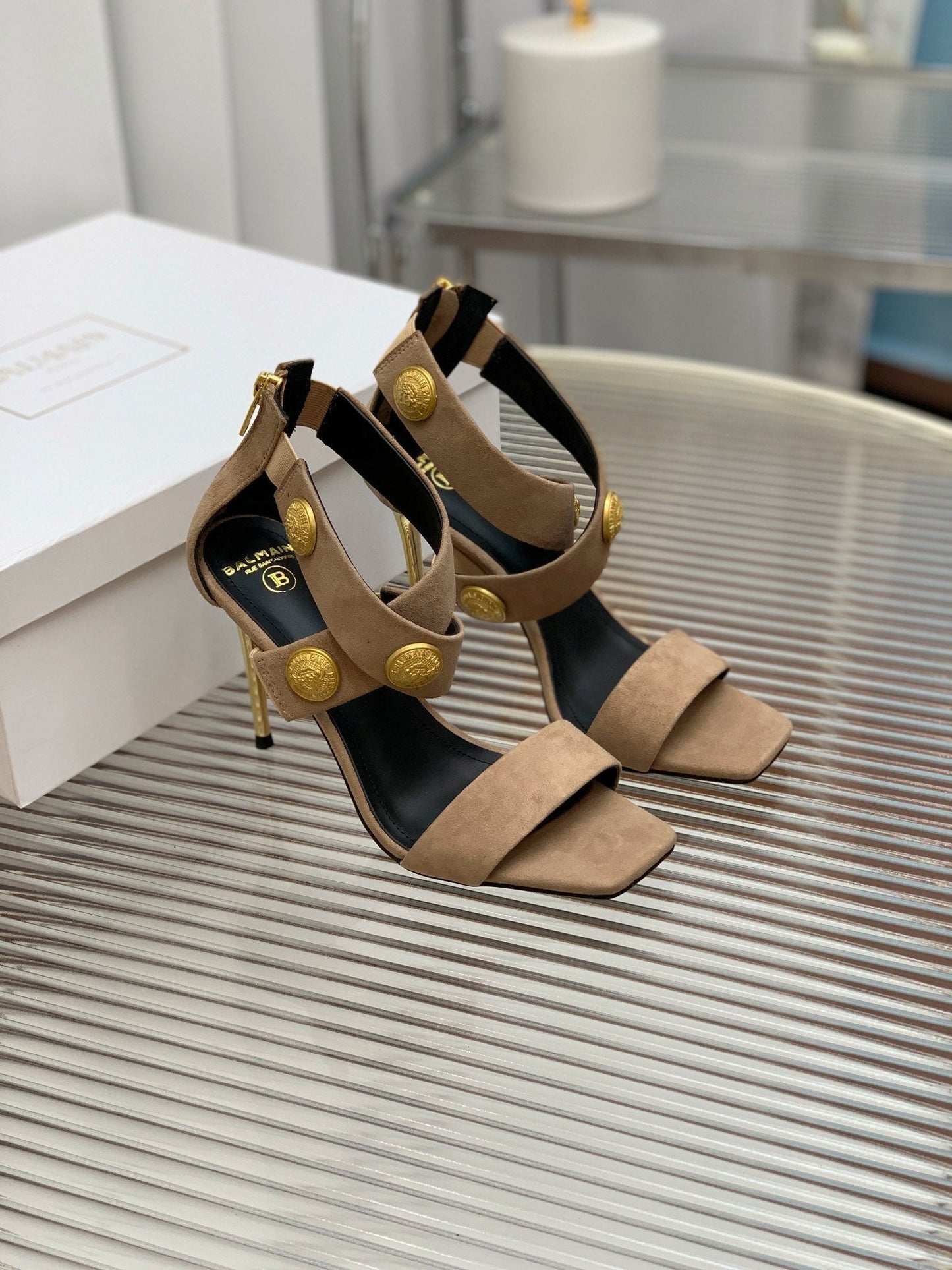 BALMAIN 25S CROSSOVER STRAP HIGH HEELS 95MM IN LIGHT BROWN SUEDE