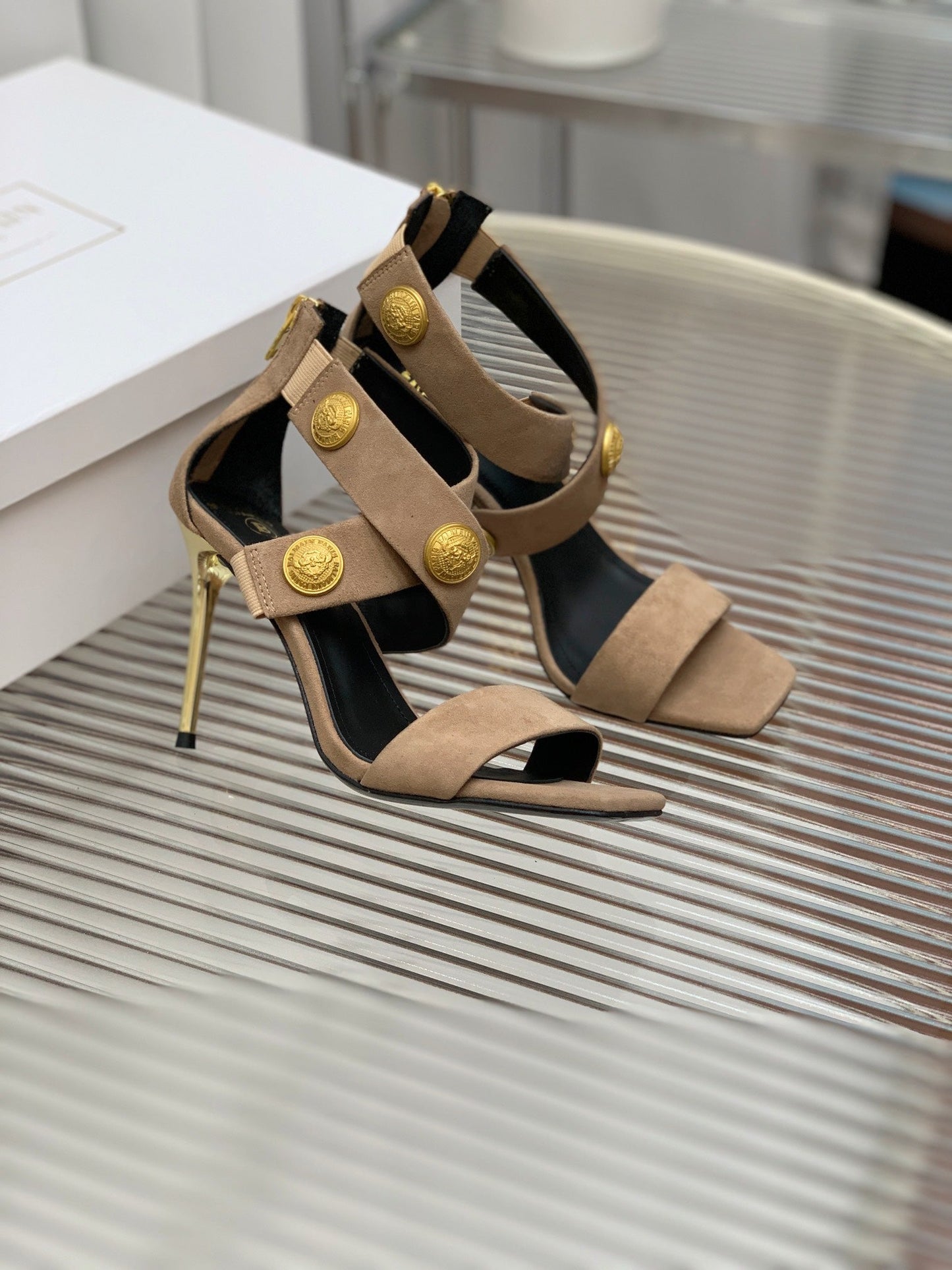 BALMAIN 25S CROSSOVER STRAP HIGH HEELS 95MM IN LIGHT BROWN SUEDE