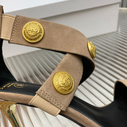 BALMAIN 25S CROSSOVER STRAP HIGH HEELS 95MM IN LIGHT BROWN SUEDE