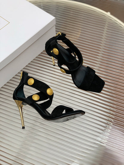 BALMAIN 25S CROSSOVER STRAP HIGH HEELS 95MM IN BLACK SUEDE