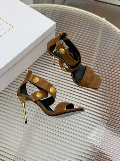 BALMAIN 25S CROSSOVER STRAP HIGH HEELS 95MM IN BROWN SUEDE