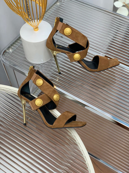 BALMAIN 25S CROSSOVER STRAP HIGH HEELS 95MM IN BROWN SUEDE