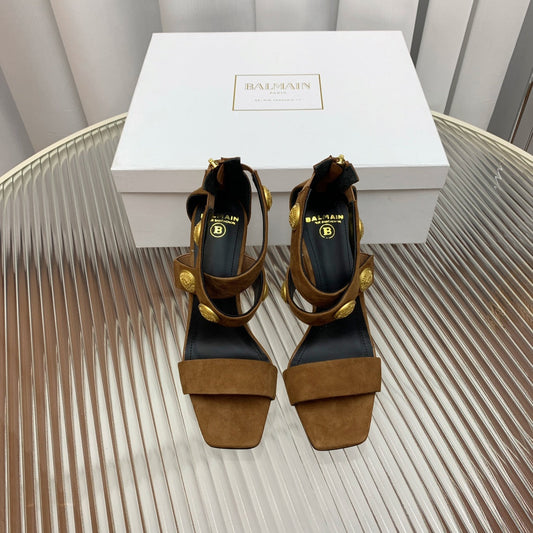 BALMAIN 25S CROSSOVER STRAP HIGH HEELS 95MM IN BROWN SUEDE