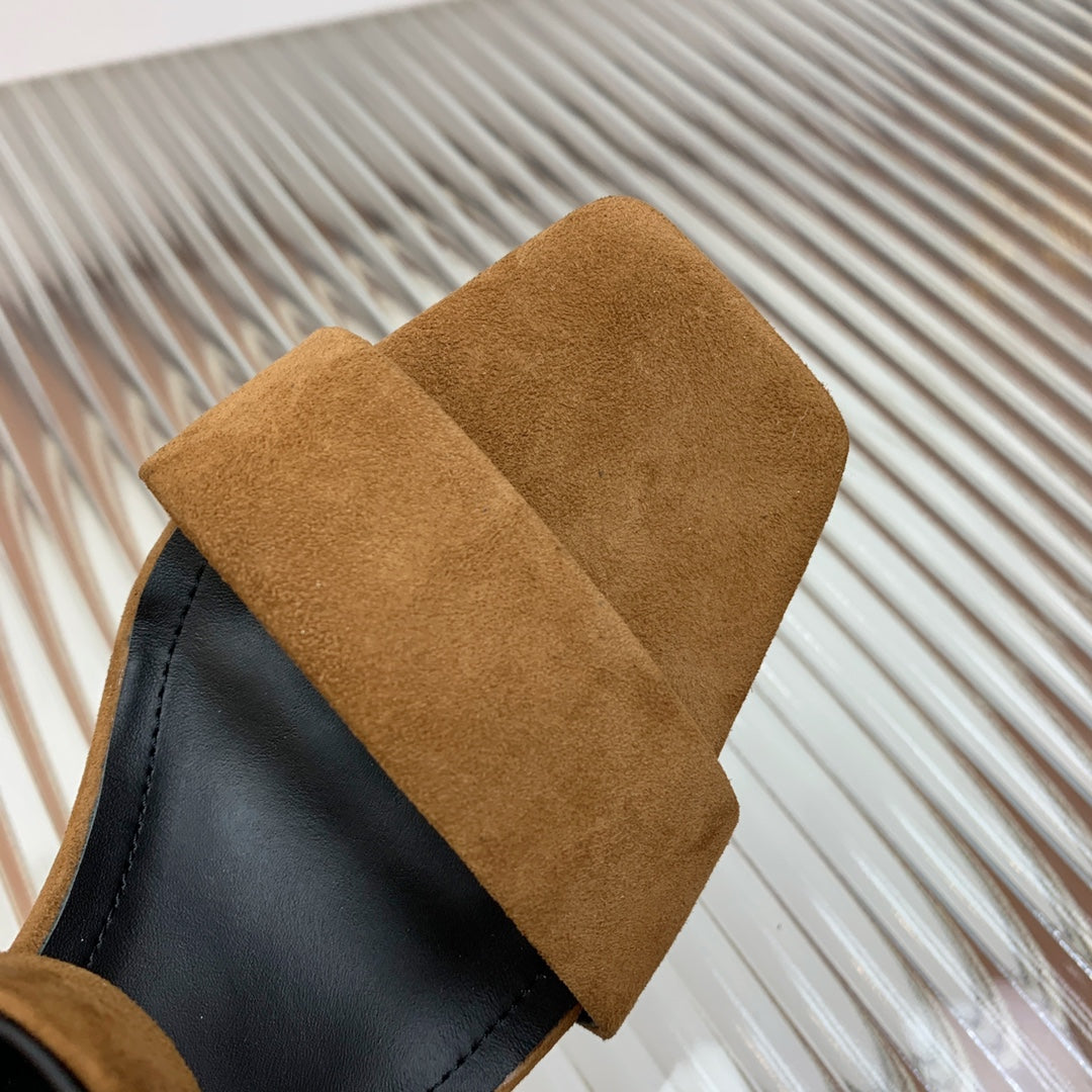 BALMAIN 25S CROSSOVER STRAP HIGH HEELS 95MM IN BROWN SUEDE