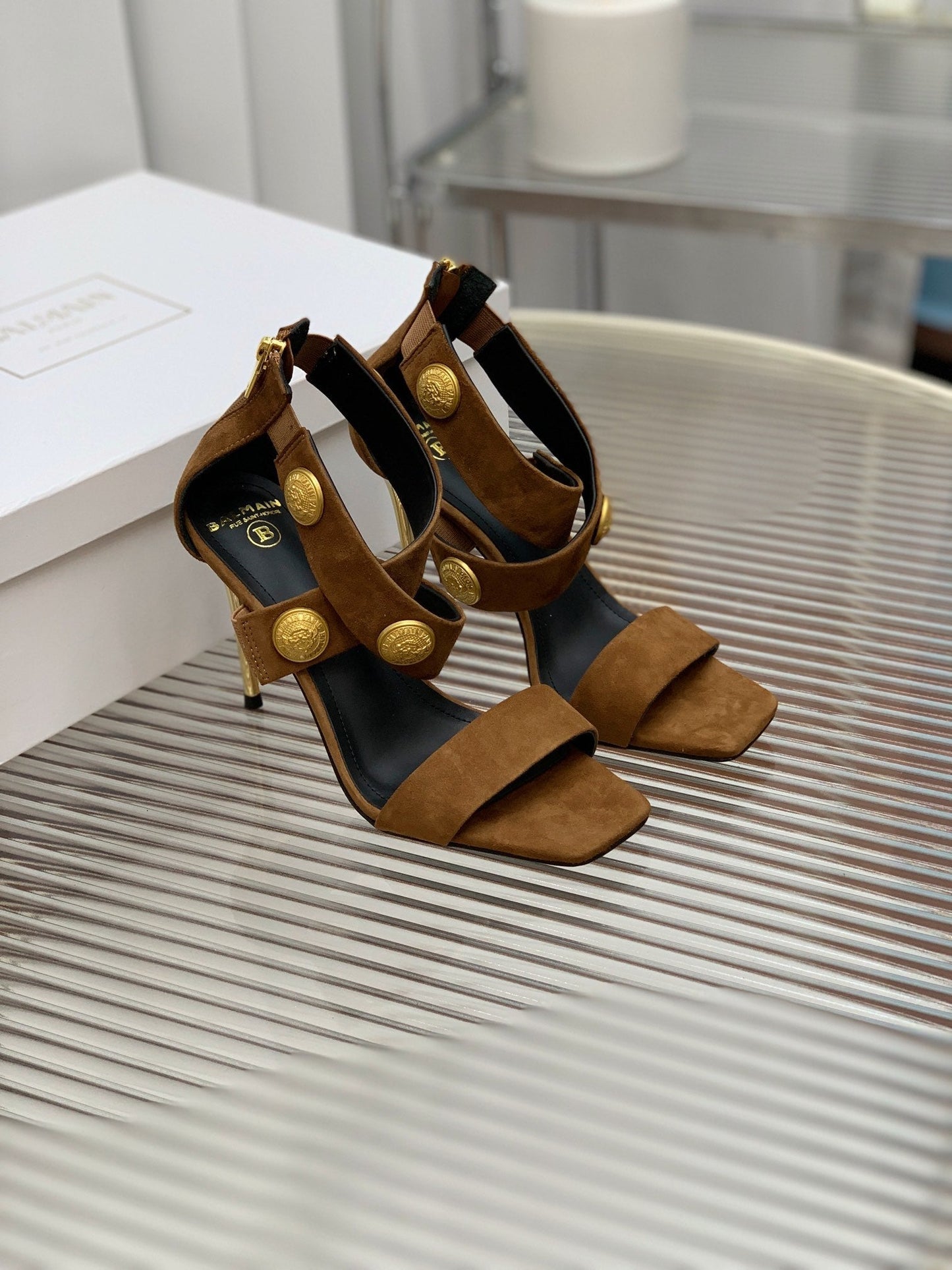 BALMAIN 25S CROSSOVER STRAP HIGH HEELS 95MM IN BROWN SUEDE