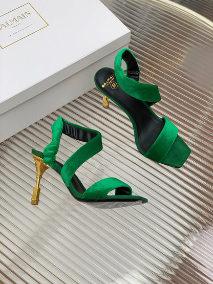 BALMAIN 25S MONETA HEELED SANDALS 95MM IN DARK GREEN VELVET