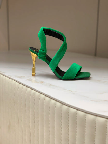 BALMAIN 25S MONETA HEELED SANDALS 95MM IN DARK GREEN VELVET