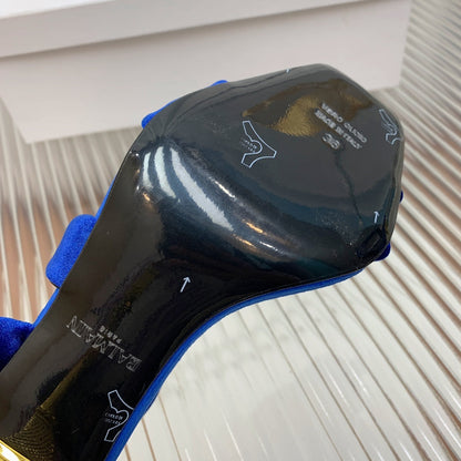 BALMAIN 25S MONETA HEELED SANDALS 95MM IN DARK BLUE VELVET