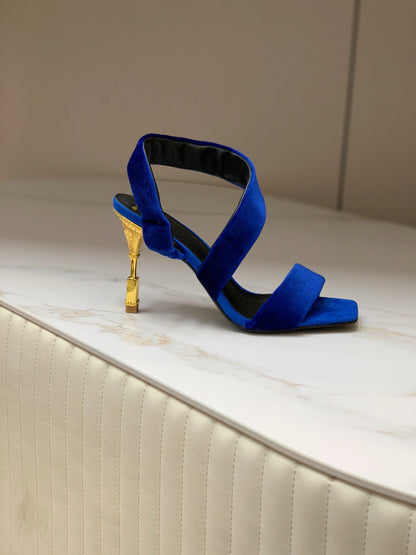 BALMAIN 25S MONETA HEELED SANDALS 95MM IN DARK BLUE VELVET