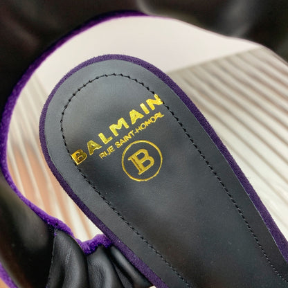 BALMAIN 25S MONETA HEELED SANDALS 95MM IN DEEP PURPLE VELVET