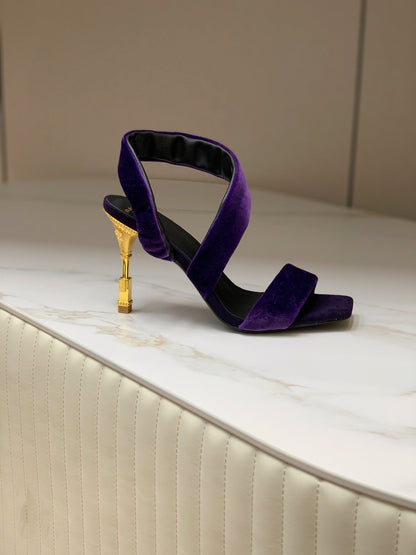 BALMAIN 25S MONETA HEELED SANDALS 95MM IN DEEP PURPLE VELVET