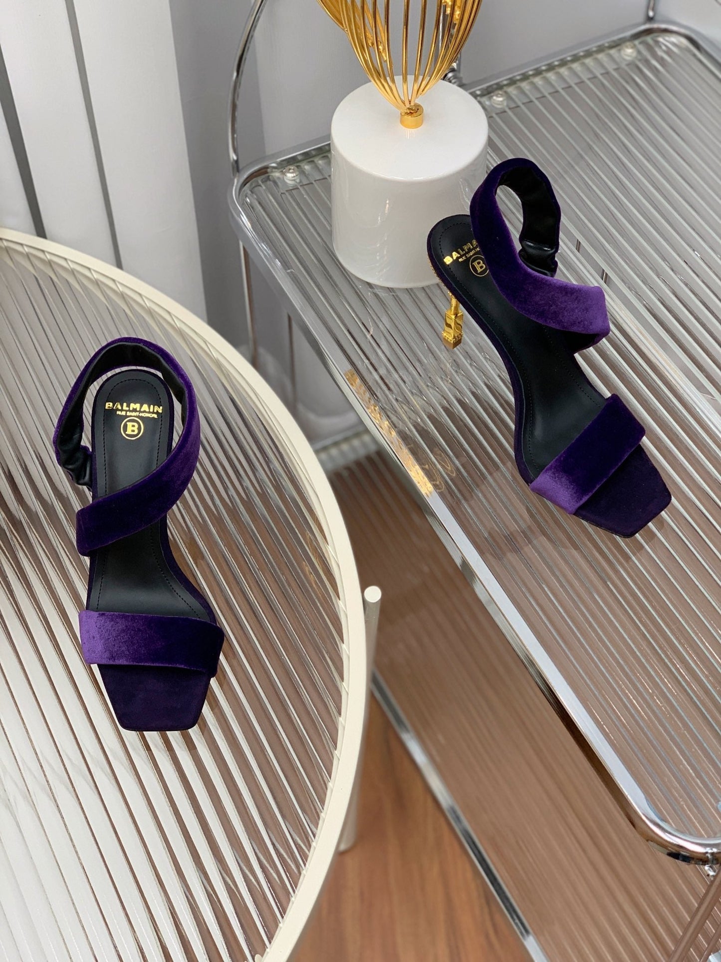 BALMAIN 25S MONETA HEELED SANDALS 95MM IN DEEP PURPLE VELVET