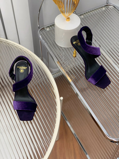 BALMAIN 25S MONETA HEELED SANDALS 95MM IN DEEP PURPLE VELVET