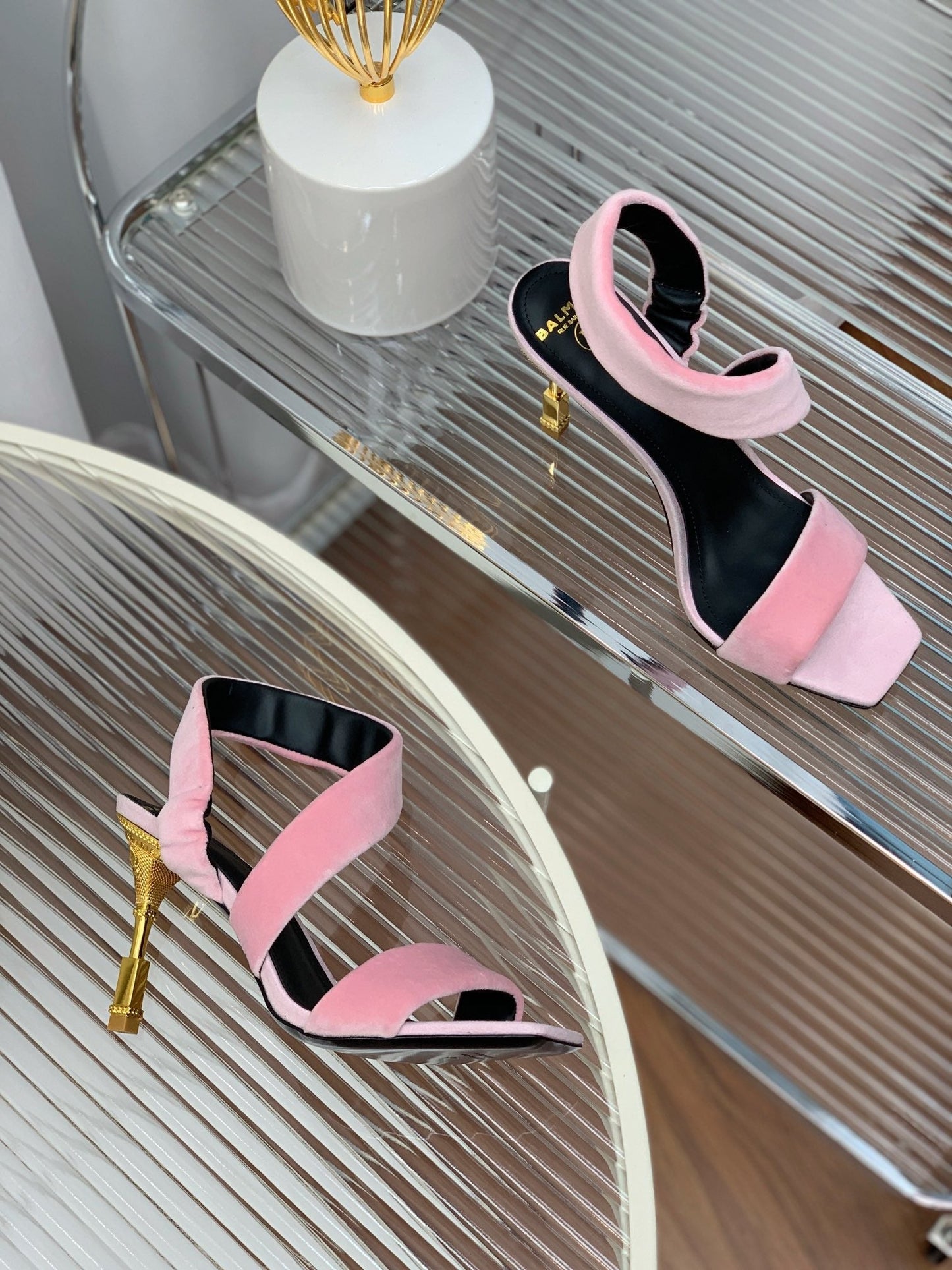 BALMAIN 25S MONETA HEELED SANDALS 95MM IN BABY PINK VELVET